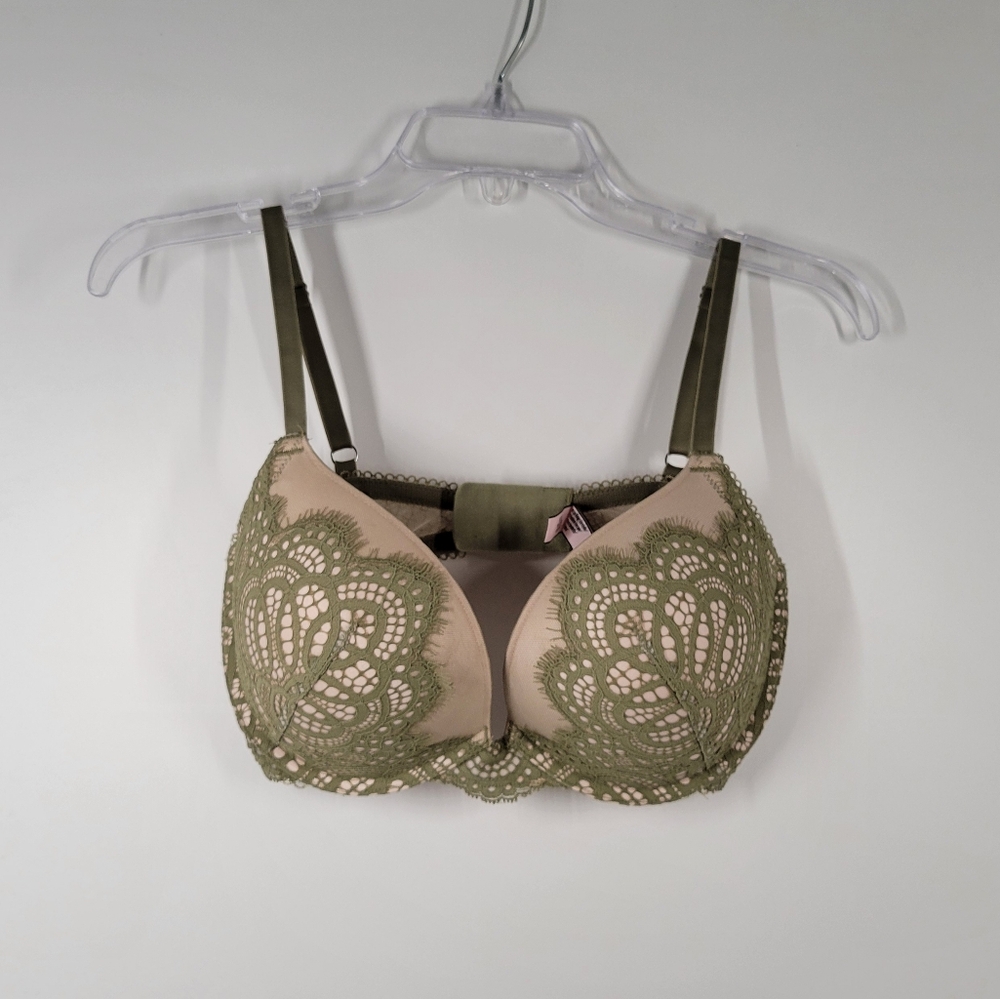 Victorias Secret Dream Angels Tan Green Lace Push Up Bra Size 34DD